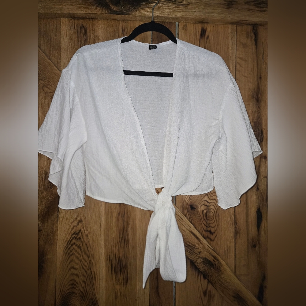 SHEIN White Tie-Front Crop Blouse with 3/4 Sleeves